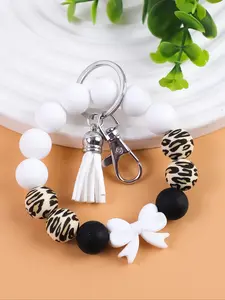 Macaron Color Bracelet Keychain Wristlet Strap, Leopard Beads & Cute Bow Design, Perfect Gift for Women, Daily Use Accessory, Unique and Stylish