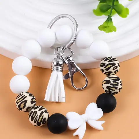 Macaron Color Bracelet Keychain Wristlet Strap, Leopard Beads & Cute Bow Design, Beaded Wristlet Keychain, Perfect Gift for Women, Daily Use Accessory, Unique and Stylish Keyring, Keychain for Purse, Bag Key Accessory