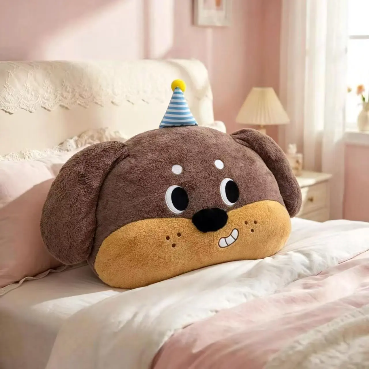Cute party hat dog plush hugging pillow, waist support back cushion, universal throw pillow for bed/sofa/chair, puppy figurine