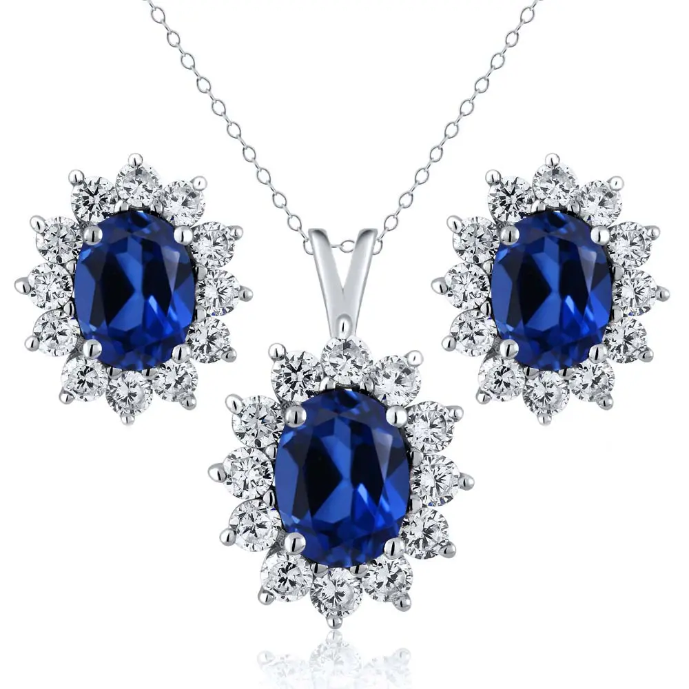 5.24 Cttw Blue Created Sapphire & White Zirconia Pendant Necklace For Women