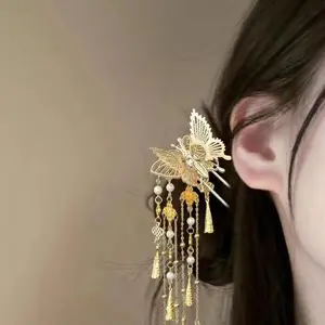 Ethnic style hairpin, Miao silver jewelry style, new Chinese style hairpin, light and agile butterfly hairpin, long tassel suitable for qipao, Hanfu, princess dress cosplay french hair pin blue or pink hair clip banana clip hair