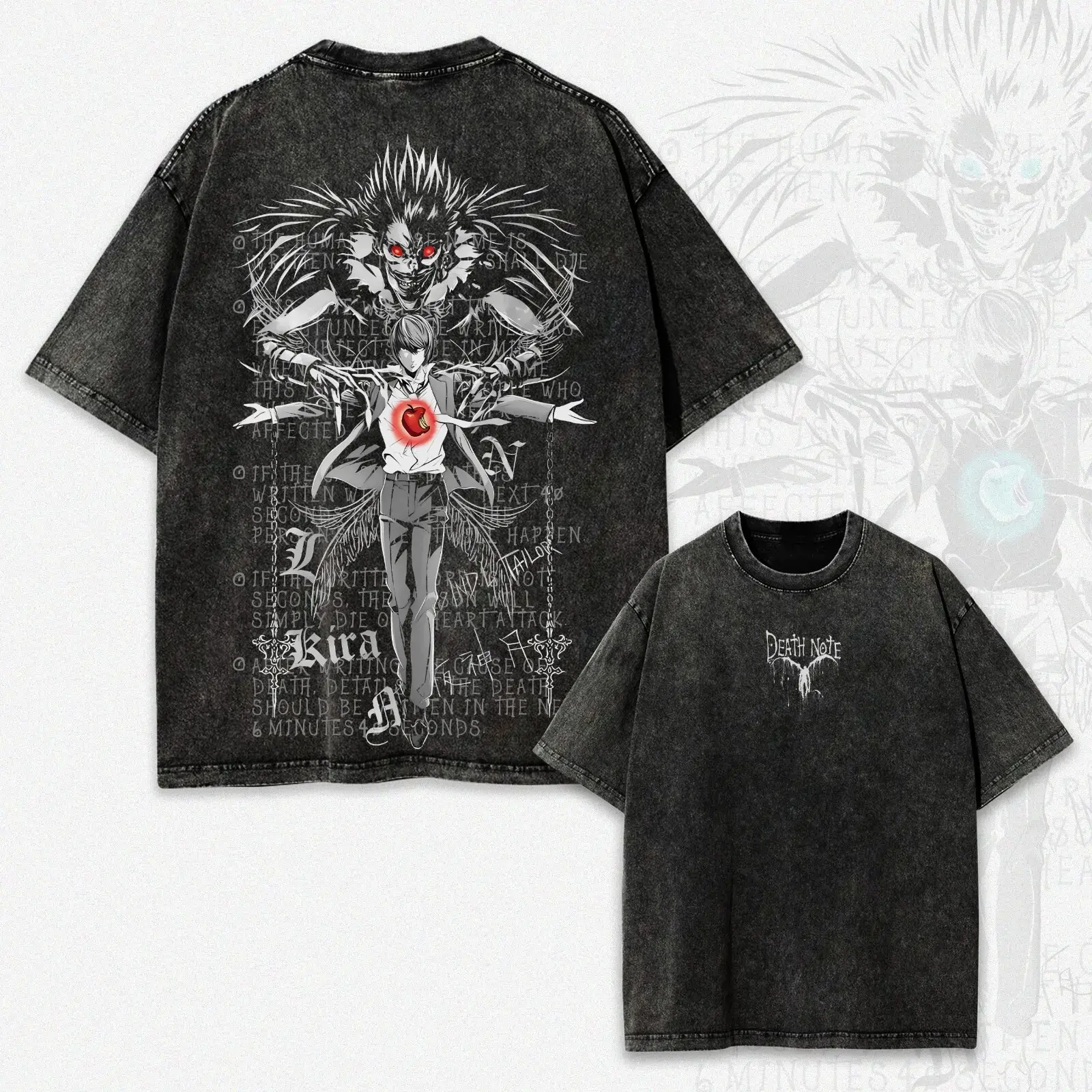 Death Note Light Yagami Ryuk Oversized Graphic Tee Vintage Acid Wash Anime T Shirt Y2K Streetwear Gym Pump Cover Distressed Mens Retro Manga Merch Tiktok Finds Trendy Dark Aesthetic Workout Fit Casual Top Kira Shinigami Japanese Clothing