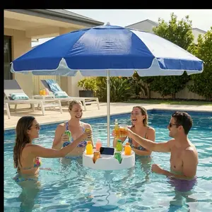 Floating Pool Umbrella with Bar and Base, Portable Pool Bar Table Umbrellas with Cup Holder & Phone Stand, Floating Poolside Shade, Included Easy Carry Bag, for Inside of Pool, Swimming Area, Lake House, Beach, #Summervibes