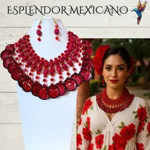 Mexican Artisanal Red Palm barrilitos and Talavera clay platitos Necklace Jewelry Set/Necklace & Earrings/Handmade in Mexico/Glass Beads