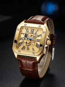 A men's square Roman numeral skeleton mechanical watch with a retro leather strap, a fashionable and trendy wristwatch, Skeleton Watches, Mechanical Wristwatches