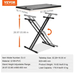VEVOR DJ Table Stand, 32x 20 Portable DJ Laptop and Controller Stand, Lightweight DJ Desk DJ Booth Adjustable Height DJ Stand, Foldable Double-X Braced Keyboard Stand Tabletop, Audio Mixer Stand