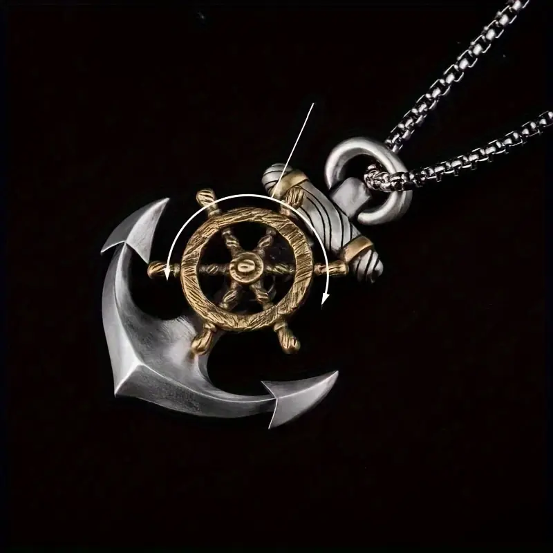 Men's Retro Ethnic Pirate Anchor & Ship Wheel Pendant Necklace - Vintage Sailor Punk Alloy Chain, Party Costume Jewelry, Male, Vintage Pirate Anchor