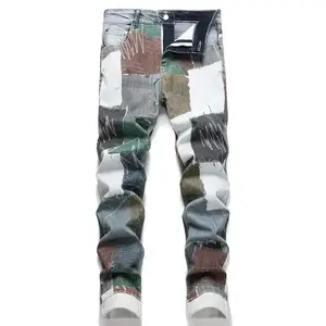Men Patches 3D Print Denim Jeans Fashion Patchwork Colored Painted Pants Cotton Slim Straight Trousers