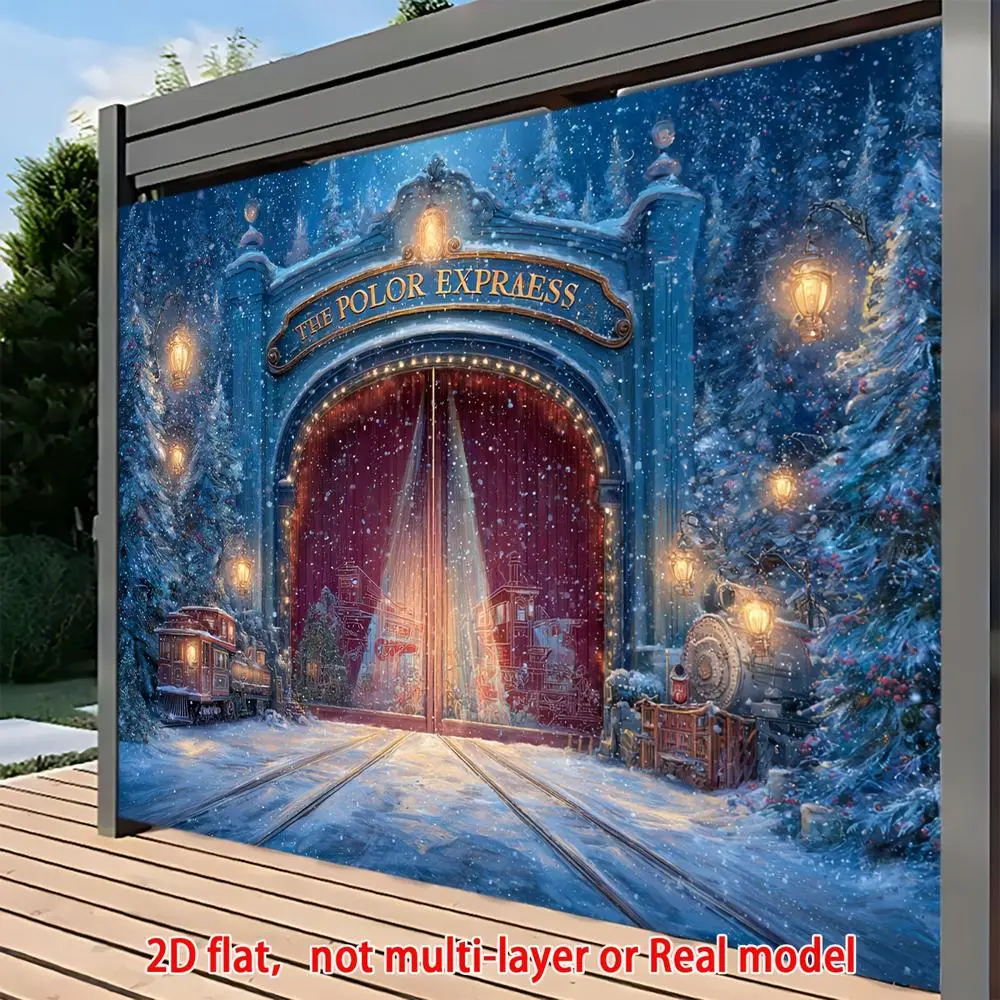 1pc Polyester Printing 2D Flat Standing Banner - Snowy Train Station with "The Polar Express" Sign, Christmas Ceremony Indoor-Outdoor Decorations Supplies, Cozy Winter Party Photo Booth Prop