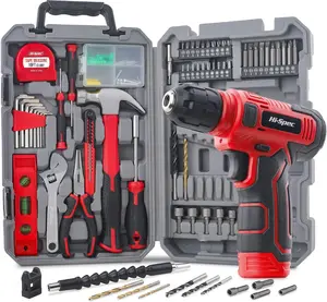 Hi-Spec 8V USB Power Drill Driver and Complete Home Tool Kit Set. Cordless & Rechargeable Electric Drill Driver and Compact Hand Toolbox Set,Red
