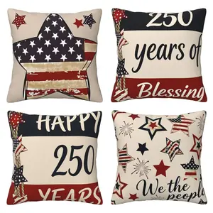 250th Anniversary US National Day Commemorative Pillow Cover Decor with Vintage Star Spangled Banner Pattern Patriotism July 4th Suitable for Sofas, Beds, Home Outdoor, 4-piece Set with Double sided Printing Home Textile