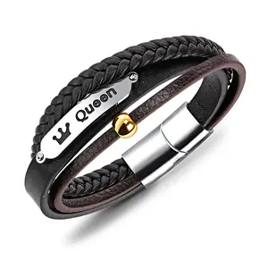 OIDEA Queen Multi-Layer Braided Leather Bracelet for Men, Stainless Steel Curved Bar Wrap Wristband 20cm