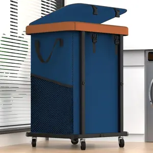 150L (40 Gal) Large Fashion Laundry Basket with Wheels, Leather Patchwork Rolling Hamper Carts, Sturdy Metal Frame, Removable Washable Bag, Tall Clothes Sorter for Bedroom, Laundry Room - Navy Blue