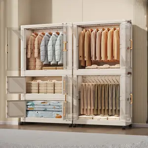 1/2/3-Tier Beige Foldable Wardrobe Storage Cabinet with Doors & Wheels - Tool-Free Collapsible Clothes Storage Organizer with Hanging Rod & Gold Handles, Large Capacity Stackable Rolling Closet for Bedroom, Dorm & Apartment, Space-Saving Home Storage