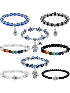 8 Pieces Evil Eye Bracelets with Beads for Women Men 7 Chakra Hamsa Turkey Blue Charm Bracelet Hamsa Hand of Fatima Amulet Jewelry for Protection and Blessing