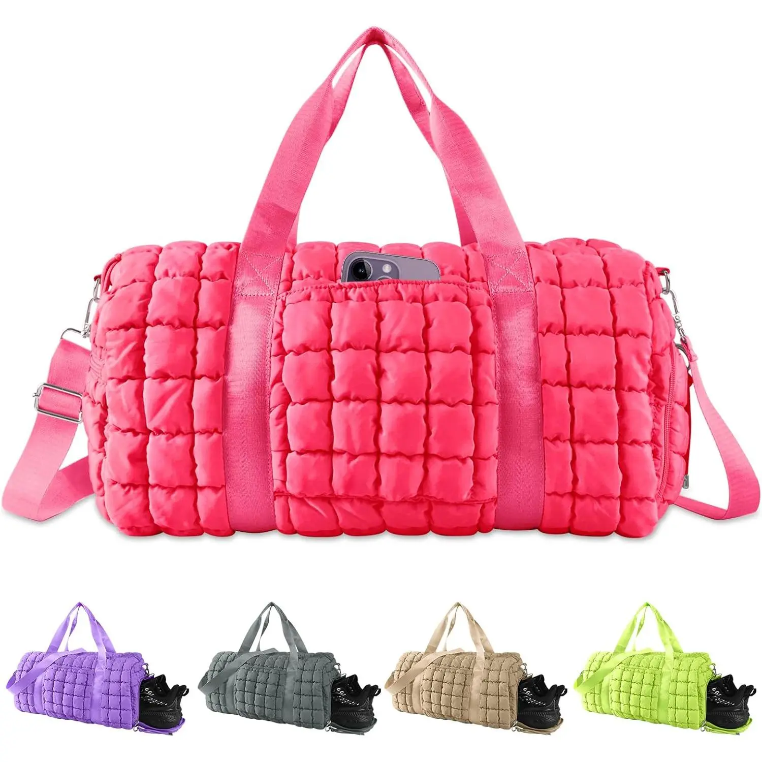 Quilted Travel Duffle Bag Gym Bag for Women,Large Puffer Duffle Weekender Bag with Compartment,Workout Overnight Carry  Organizer Bag Duffle Bag for Airplane Travel(Rosered)