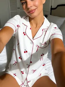 Women's Cherry Bow Printed Sleepwear Set, Short Sleeve Shorts Lapel Open Front Home Wear Two-Piece Set, Comfortable Sofa Loungewear, Homewear, Pajama Set, Cute