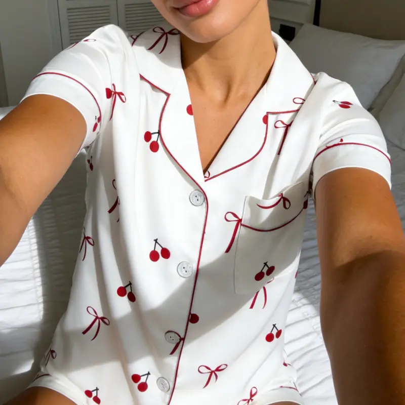 Women's Cherry Bow Printed Sleepwear Set, Short Sleeve Shorts Lapel Open Front Home Wear Two-Piece Set, Comfortable Sofa Loungewear