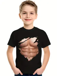Muscle Chest Print T-Shirt |   Black Beige Male Torso Muscle Design, Short Sleeve, Round Neck, Casual Gym Shirt for Summer, Conventional Fit, Perfect for Teen