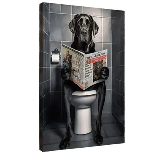 1PC 2D flat Unique Bathroom Reading Dog decorative art classic modern wrapped canvas pine frame, indoor and outdoor home office bathroom living room bedroom dining room wall decoration valentines gift