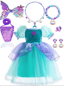 (Dress + all accessories)Kids Young Girl Birthday Party Holiday Mermaid Princess Cake Dress Purple And Green Shell Shaped Beads Mermaid Style Party Princess Dress