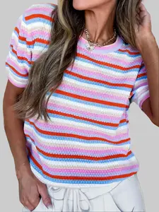 Women's Multicolour Textured Stripes Knit Short Sleeve Sweater Casual Round Neck Shift Summer Soft Lightweight Knitwear Top for Daily Wear