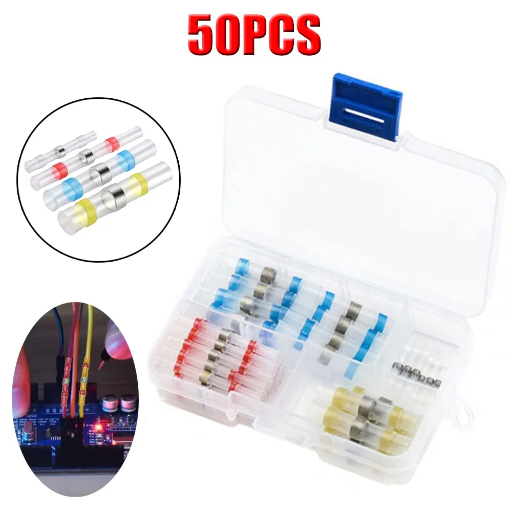 50pcs Solder Ring Hot Melt Tube, Heat Shrinkable Butt Terminal Soldering Sleeve Wire Connector, Heat Shrinkable Connection Tube for Motorcycle, Automobile, Ship