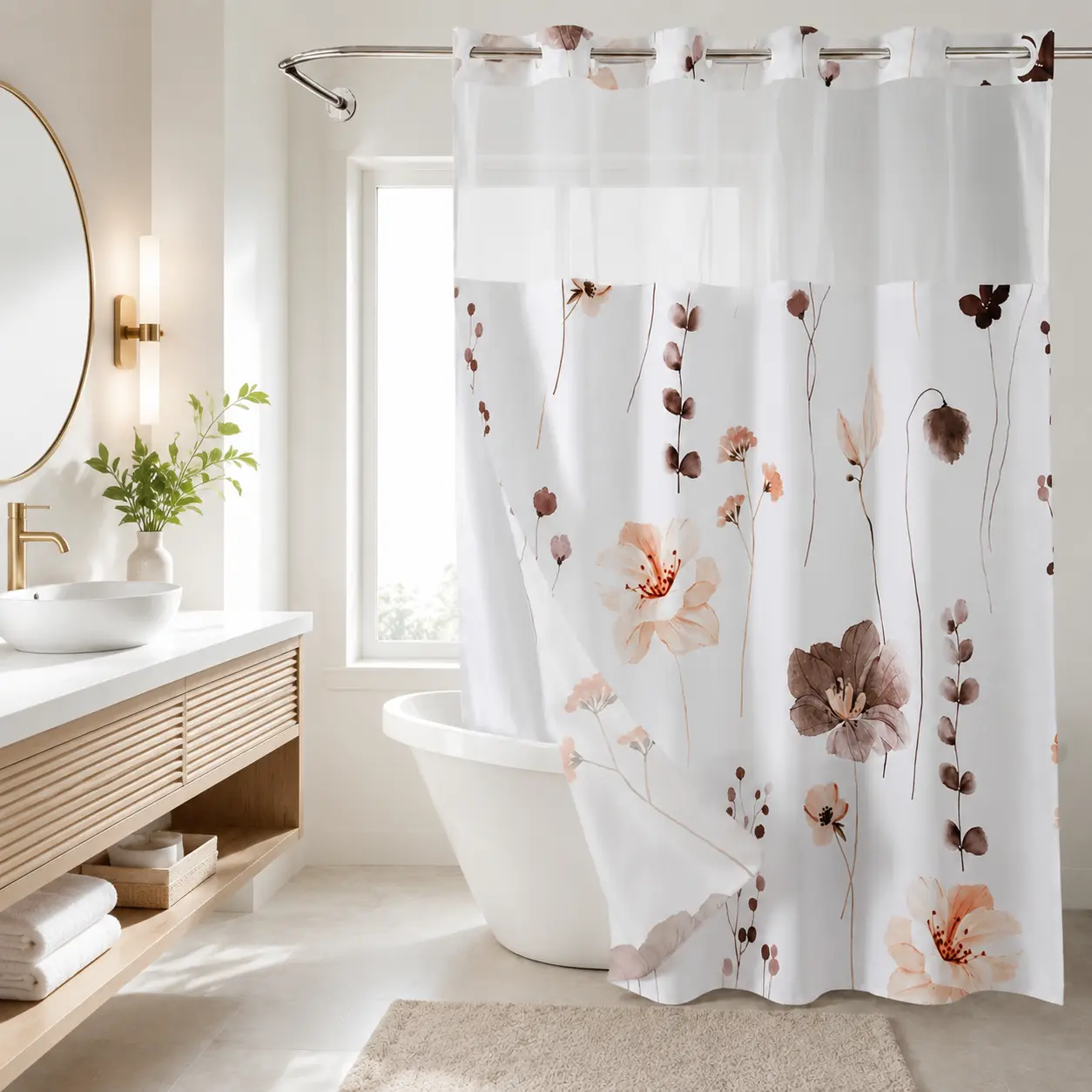 Water Ink Floral Double Layer Shower Curtain, Hookless Installation, Fresh Country Style, 72 x 75 inches, Waterproof Bathroom Decor Curtain