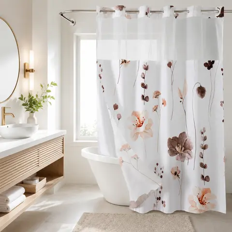 Sohochic 72x75in Hookless Flowers Shower Curtain - Polyester Water-Resistant Farmhouse Fabric, Split Ring Installation, Elegant Ink Painting Distinctive Pattern, Rustic French Country Bathroom Decor, Bag-Compatible, Light-Enhanced Spaces