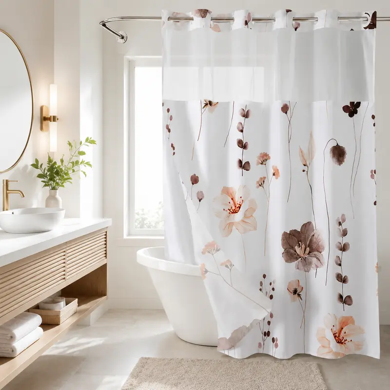 Sohochic 72x75in Hookless Flowers Shower Curtain - Polyester Water-Resistant Farmhouse Fabric, Split Ring Installation, Elegant Ink Painting Distinctive Pattern, Rustic French Country Bathroom Decor, Bag-Compatible, Light-Enhanced Spaces