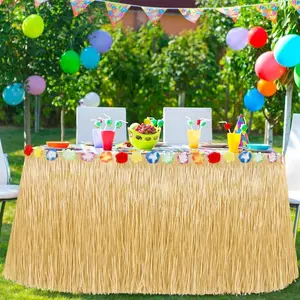【Hot Selling】Hawaiian Grass Table Skirt Set, Natural Color, 9ft X 29.5in, Tropical Party Decorations, Birthday & Theme Parties, Straw Dress-Up