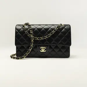 ‮ LENAHC  ‬ Classic Flap Bag Medium Black Lambskin/Caviar Gold Hardware Shoulder Bag