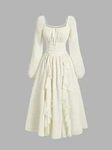 Women's Ruffle Lantern Sleeve Long Dress, Cute Fall Wedding Guest Renaissance Style Back-To-School Graduation Gown Long Sleeves