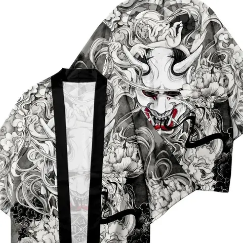 Japanese Oni Samurai Print Kimono Cardigan, Traditional Unisex Kimono Outerwear, Anime Cosplay Yukata Street Style Fashion