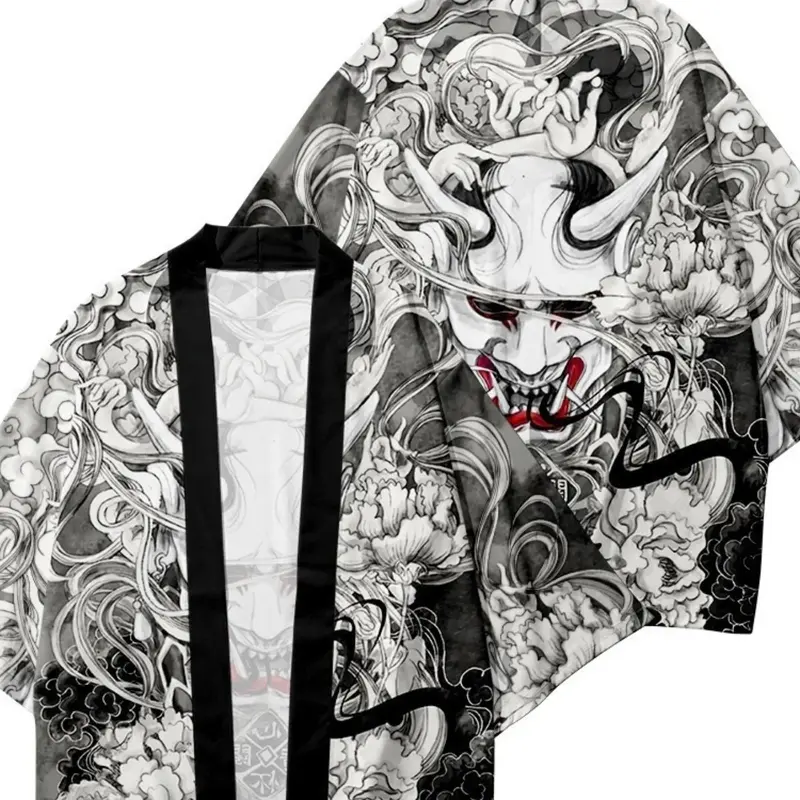 Japanese Oni Samurai Print Kimono Cardigan, Traditional Unisex Kimono Outerwear, Anime Cosplay Yukata Street Style Fashion