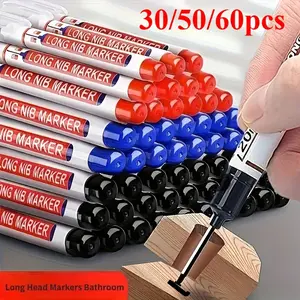 30/50/60pcs Deep Hole Marker Pens, Long Reach Oil-Based Carpenter Markers, Precision Multi-Surface Marking Tools for Wood, Metal, Ceramic, Tile, Construction, Bathroom Installation And Projects, 5 Colors