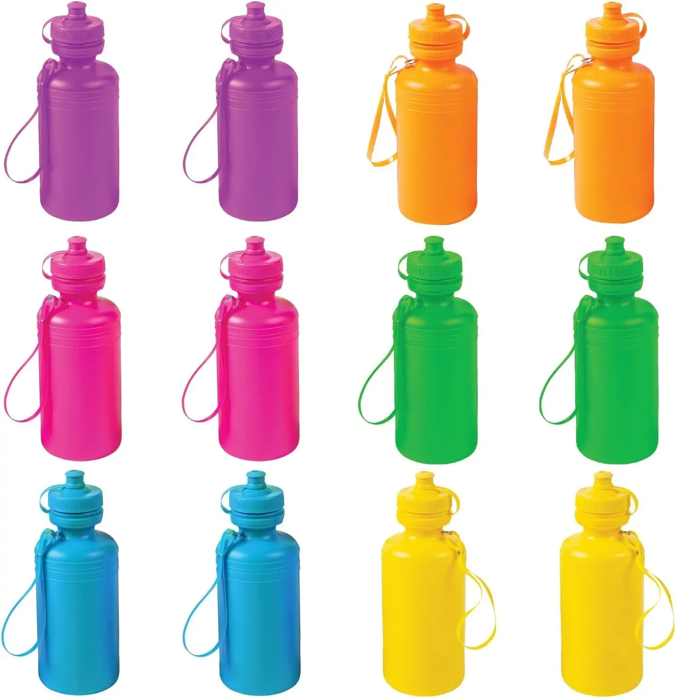 Fun Express Kids Water Bottles Bulk 12 Pack - Plastic 18 oz Leak Proof Squeeze Bottles with Pop Top Lids & Straps | Perfect for School, Sports Teams, Birthday Parties & Fundraising Events Gift