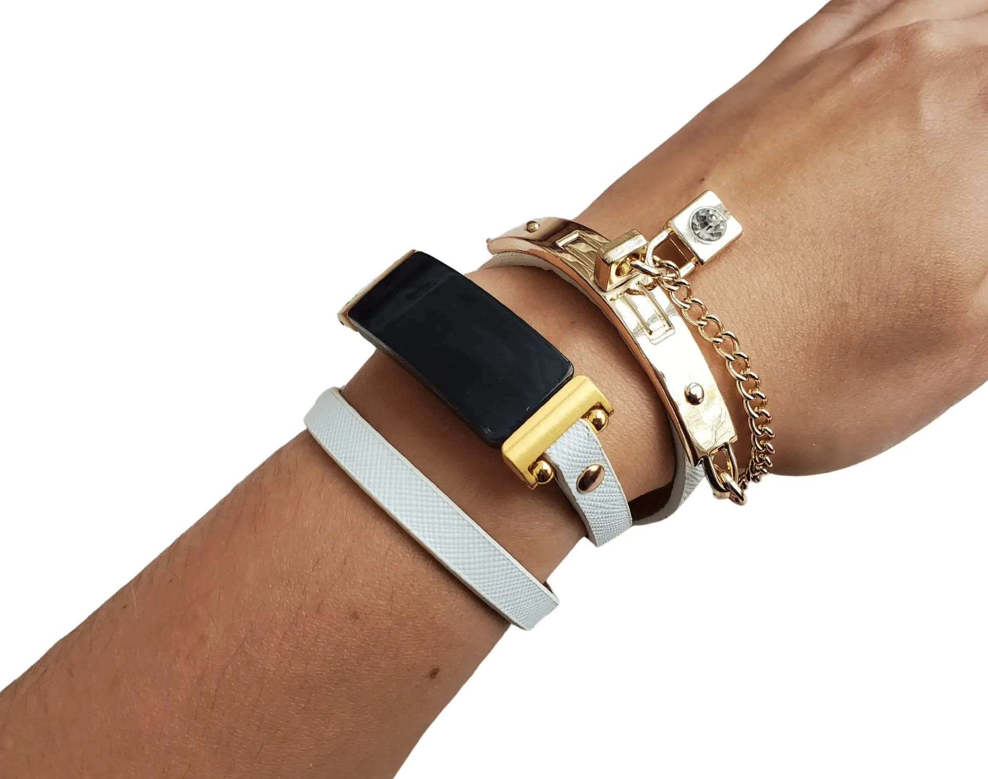 White Vegan Leather Bracelet Gold Bangle with Lock Charm for Fitbit Luxe