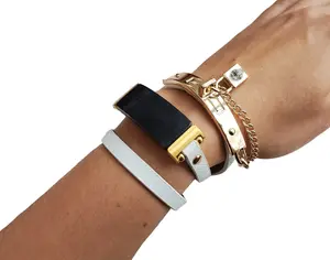 White Vegan Leather Bracelet Gold Bangle with Lock Charm for Fitbit Luxe