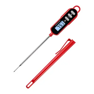 Digital Cooking Thermometer for Bread Baking, Food and Water Temperature Measurement, Waterproof Long Stem with Meat Temp Guide, Backlit Display (Red)