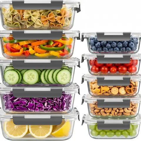 AISOON 10-Pack Rectangle Borosilicate Glass Fridge Storage Containers (5x13oz,5x36oz) - Leak-Proof Lids, Lead-Free, Microwavable, Freezer/Oven-Safe, Stackable, Dishwasher-Safe Bodies, Kitchen Gadgets for Fridge Organization, Food Hacks, Fast Delivery