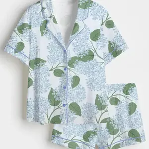 Light Blue Hydrangea Satin Pajamas Set, Coastal Grandmillennial Wedding PJS, Floral Bridal Party Sleepwear, Short Getting Ready Outfit