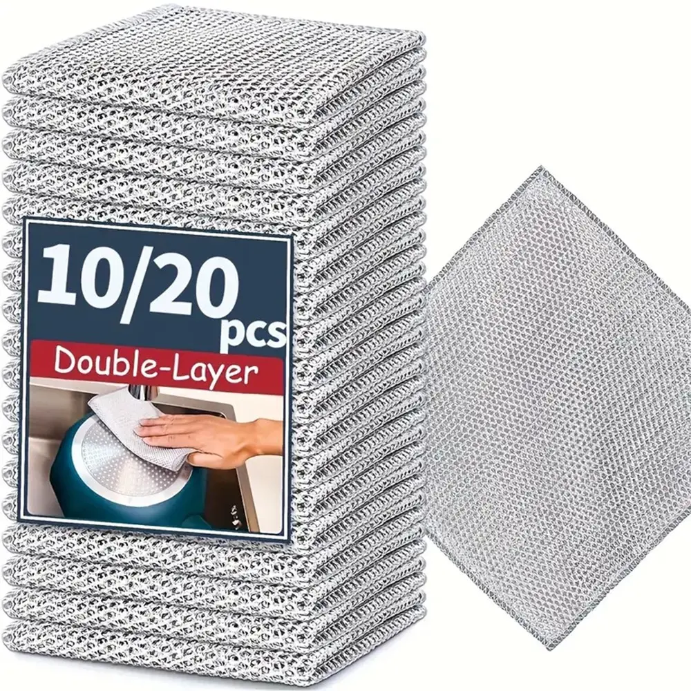 Stainless Steel Dish Cloth, 10/20pcs Double-Layer Thickened Metal Kitchen Scrub Pads, Wet-and-Dry Mesh Microfiber Kitchen Cleaning Cloths, Home Cleaning Products, Durable Cleaning Supplies