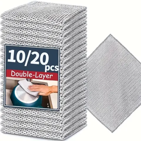 Stainless Steel Dish Cloth, 10/20pcs Double-Layer Thickened Metal Kitchen Scrub Pads, Wet-and-Dry Mesh Microfiber Kitchen Cleaning Cloths, Home Cleaning Products, Durable Cleaning Supplies