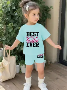 Light blue warm best sister baby girl's set with digital printing, 100% polyester baby short-sleeve set, cute baby girl's casual clothing, suitable for daily and outdoor sports T-shirts, a perfect gift for babies