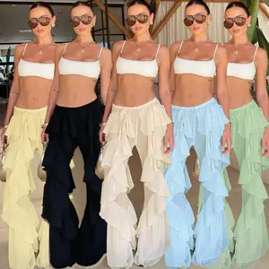 Summer new street fashion lace-up patchwork ruffle flared pants for women