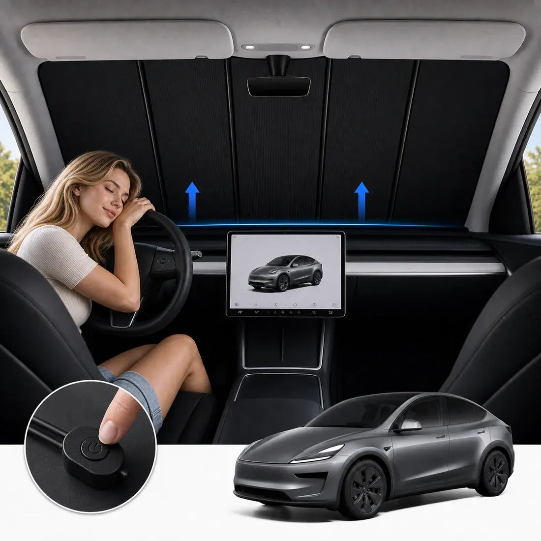 Fully Automatic Retractable Car Sunshade - 1-Touch Lift/Lower, Sun-Proof Heat Insulation Blackout, Adjustable Sun Shade for Car Window & Front Windshield, Tesla Automotive Exterior Accessory auto sunshade