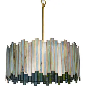 Drum Chandelier 4-Light, Brass Gold Tiffany Pendant Lighting Fixture with Stained Gradient Green Glass Shade, 16" Round Ceiling Hanging Lamp Kitchen Island Bedroom Dining Living Room