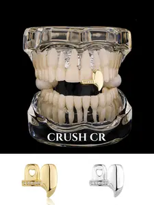 CRUSH CR 1pc Copper 14K Gold Plated Fang Grillz – Sharp Pointed Vampire Tooth with Cubic Zirconia Accents, Edgy Hip-Hop & Gothic Dental Jewelry for Black Women, Girls, Men & Boys, Perfect for Halloween, Raves, Concerts, Cosplay, TikTok Viral Looks