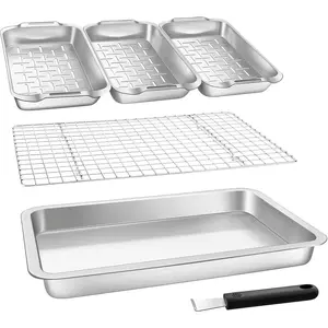 Grill Basket Set, 6-Piece Stainless Steel Large Grill Pans, 16.5" x 11" Pan for Outdoor Grill with Cooling Rack, BBQ Grilling Accessories for Vegetables, Fish, Meat, Great Grilling Gifts for Men